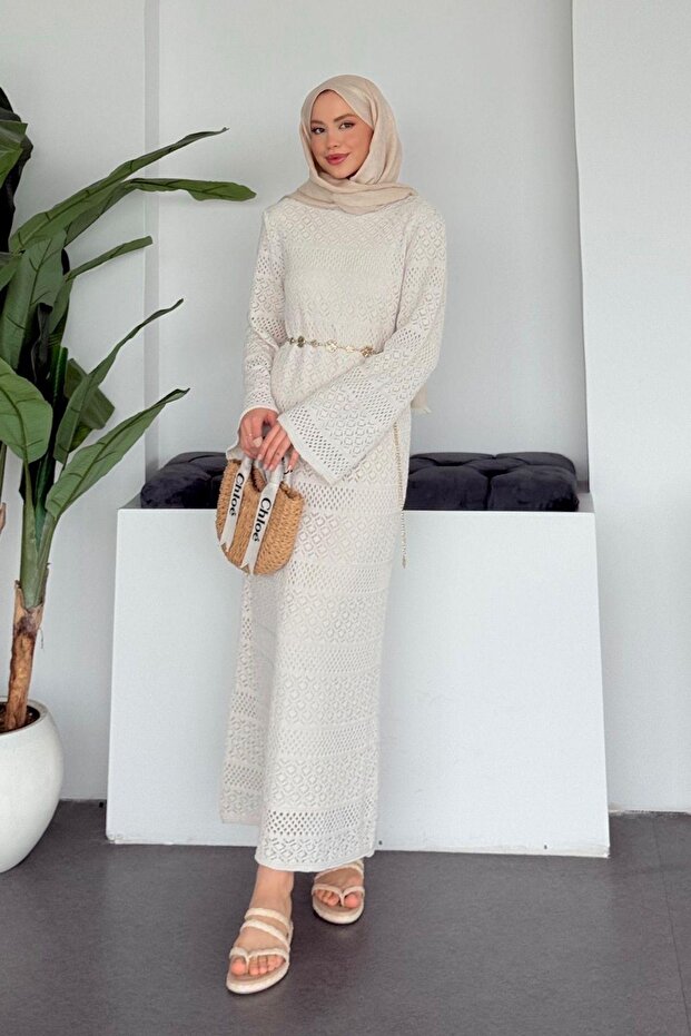 Ajur Örme Elbise Krem - 3
