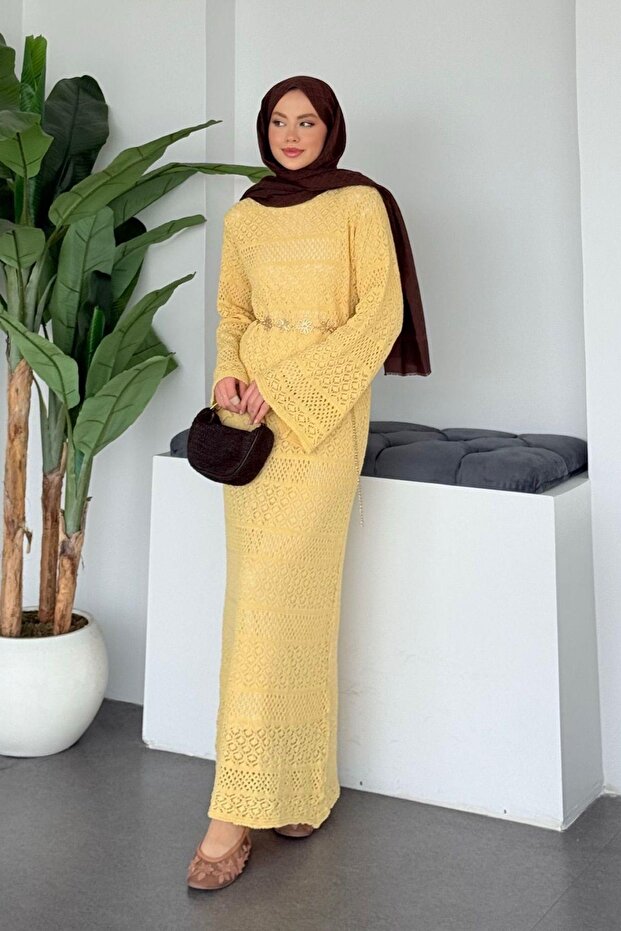 Ajur Örme Elbise Sarı - 1