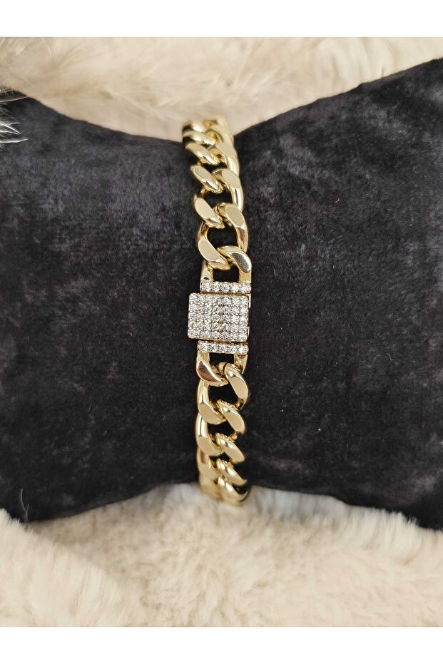 Stainless Steel Gold Zircon Stone Thick Chain Gourmet Bracelet