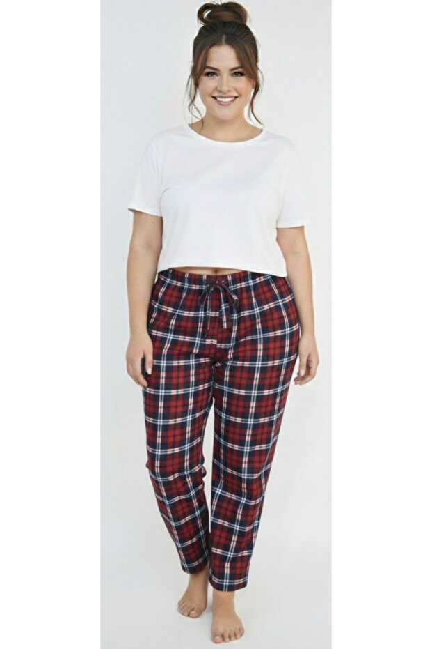 Women's Plaid Patterned Large Size Suede Velvet Elastic Waist Comfortable Cut Pajama Bottoms