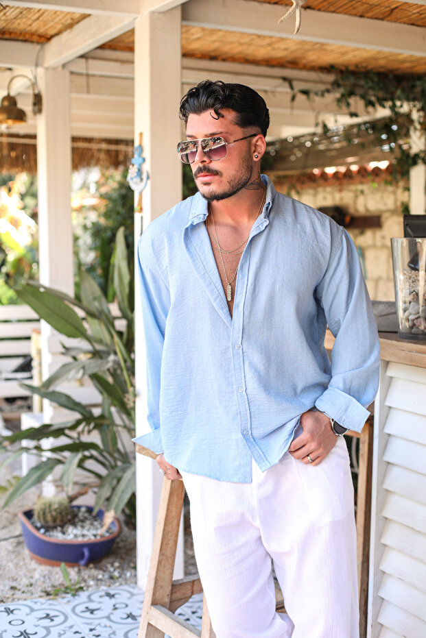 Yaka Düğmeli Basic Regular Fit Gömlek Açık Mavi - 5