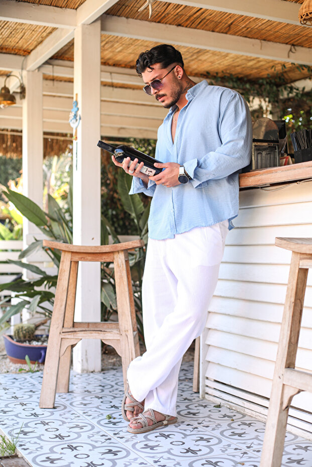 Yaka Düğmeli Basic Regular Fit Gömlek Açık Mavi - 2