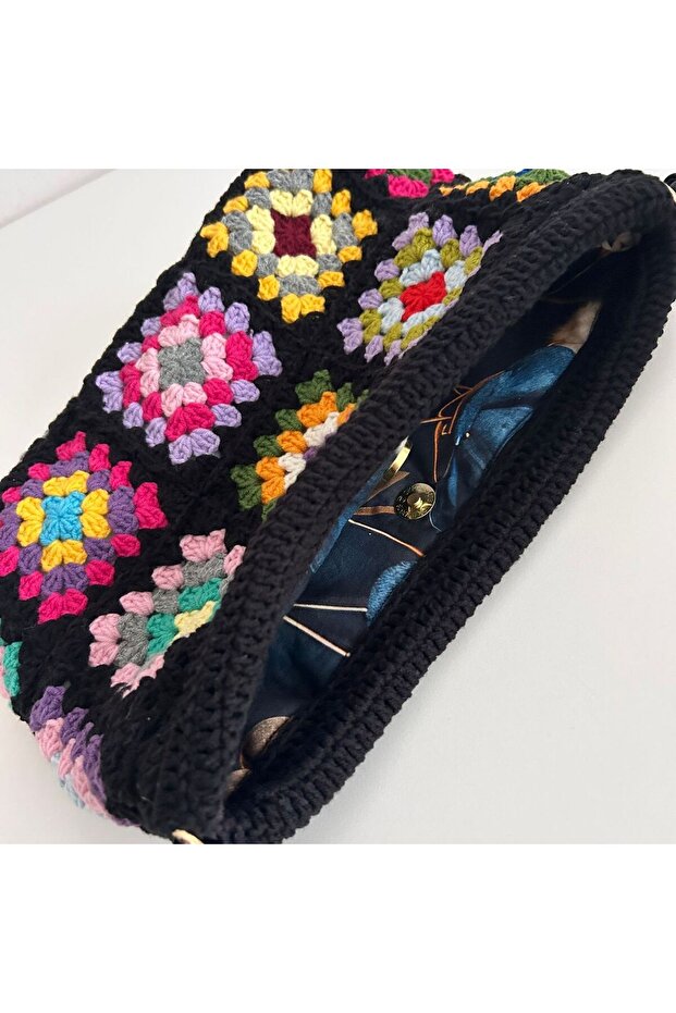 Crochet Knitted Women's Shoulder Bag with Drawstring Mouth Part