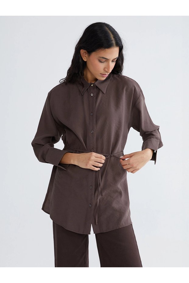 Lcw Modest Brown Women's Shirt Tunic with Tie Detail