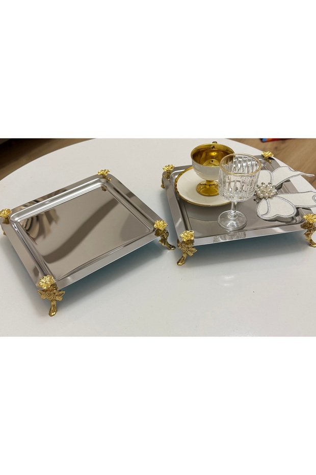 Stainless Steel Square Presentation Tray with 2 Stands and Japanese Roses