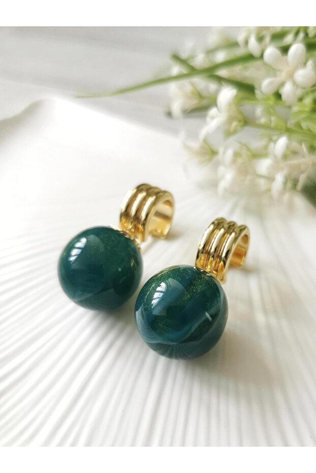 Gold Detailed Turquoise Ball Dangle Earrings