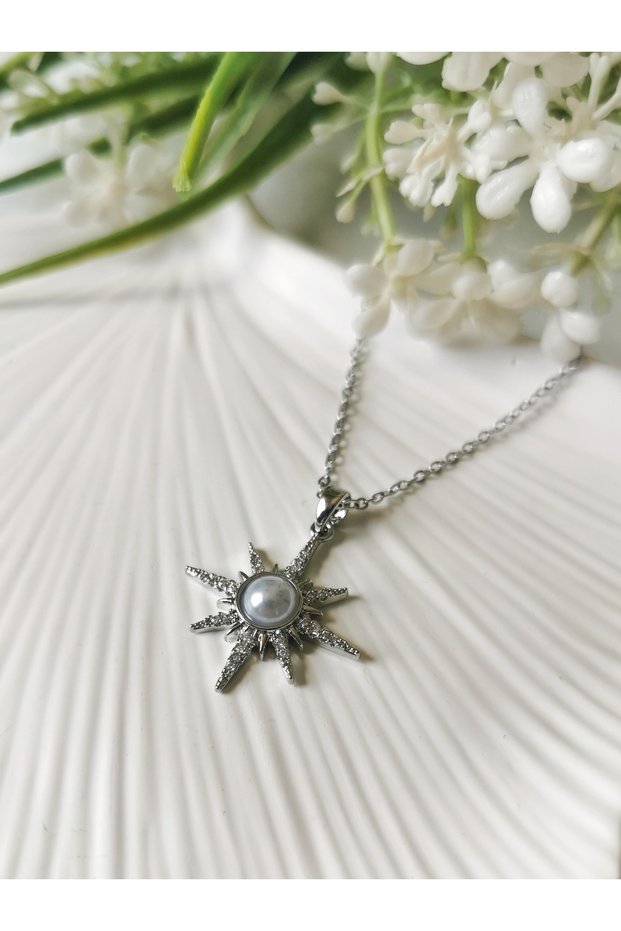 Silver star steel necklace with pearl and zircon stone