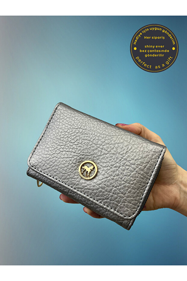 Textured Silver Gray Leather Women's Wallet with Gold Detail