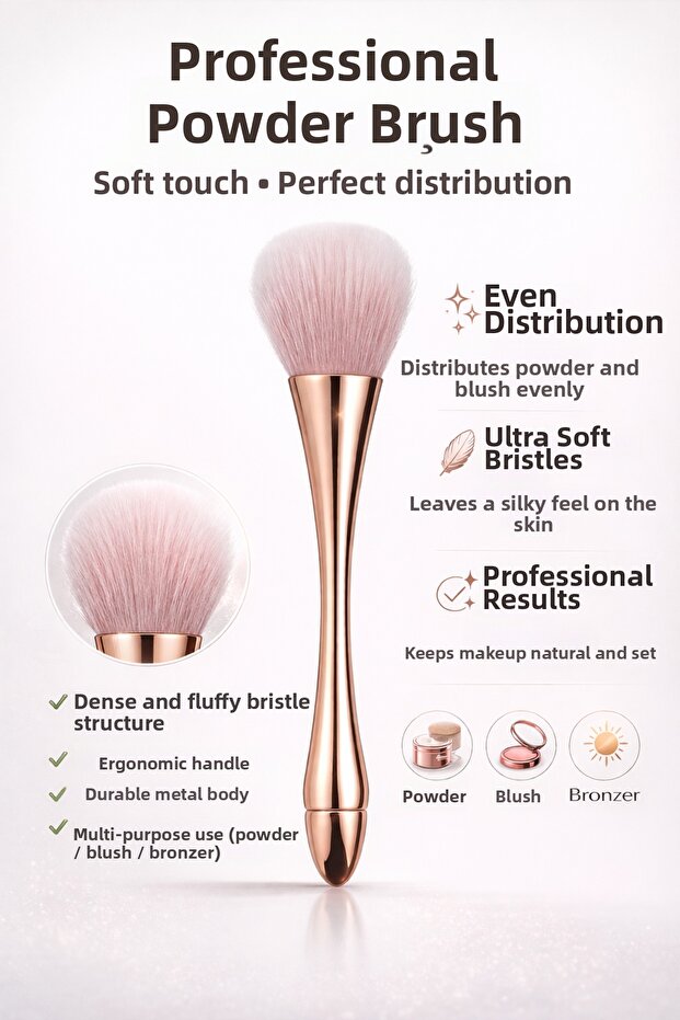 Premium Soft Touch Blush & Powder Brush – Rose Gold Ergonomic Professional Makeup Brush