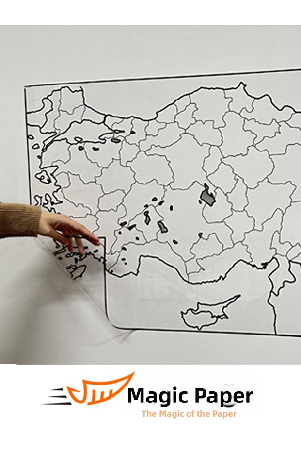 خريطة تركيا الورقية السحرية مقاس 110×56 سم، تتميز بالالتصاق الثابت وخاصية الكتابة والمسح، مثالية للتدريب على الدراسة.