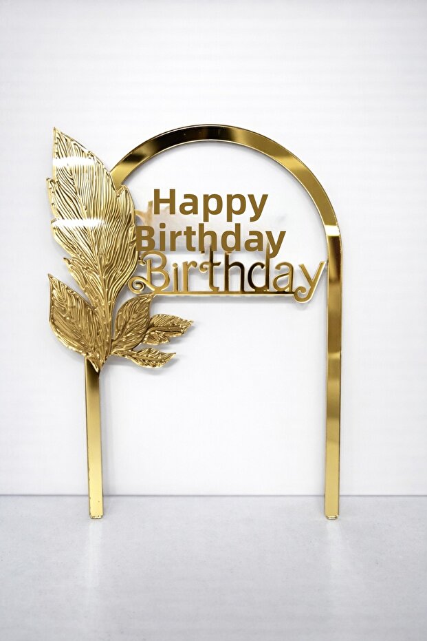 Gold Mirror Plexi Happy Birthday Written Cake Gift Decoration Code 8-1 - Single Leaf Design Birthday, Party