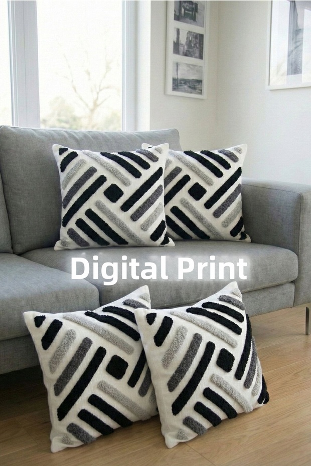 Punch Embroidery Pattern 3D Digital Printed Round Punch Patterned Gray Theme 4-Pack Cushion Covers