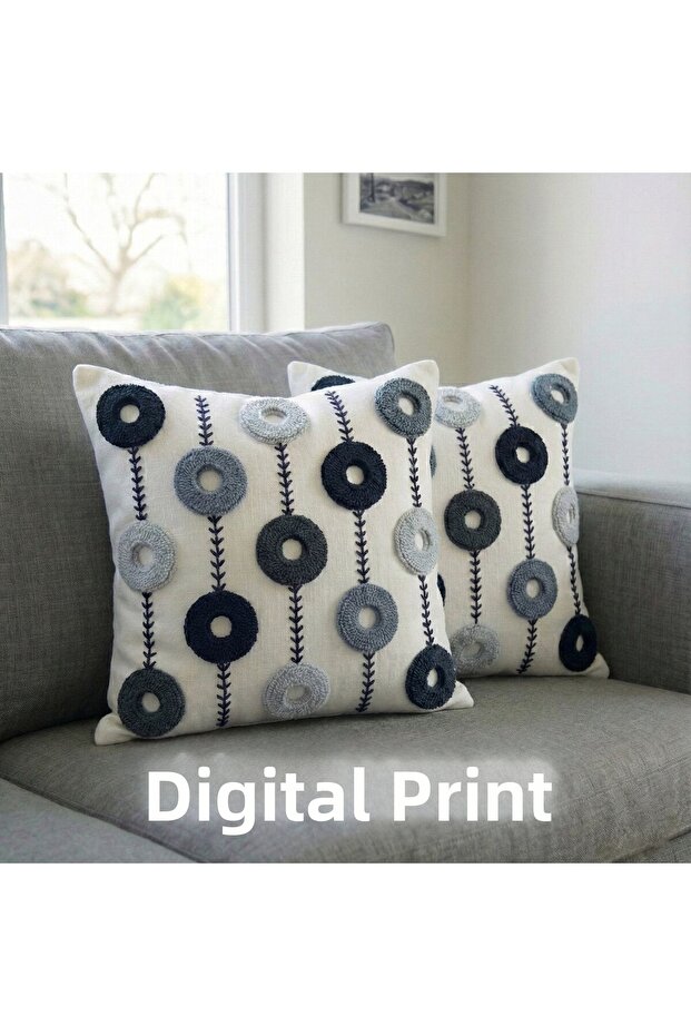 Punch Embroidery Pattern 3D Digital Printed Round Punch Patterned Gray Themed 2-Piece Throw Pillow Cover