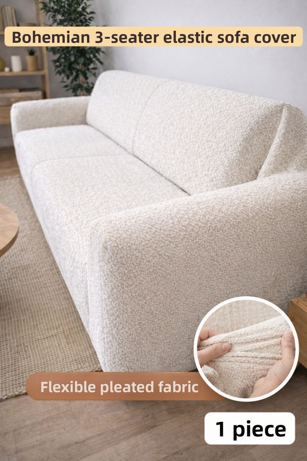 Boucle Bohemian Elasticated 3-Seater Sofa Cover, Non-Slip Flexible Seat Cover, Couch Cover, Sofa Bed Cover