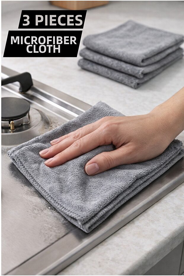 (3 Pieces) Gray Magic Microfiber Cleaning Cloth |   Built-In Cooker Hood Oil & Tough Dirt Cleaning