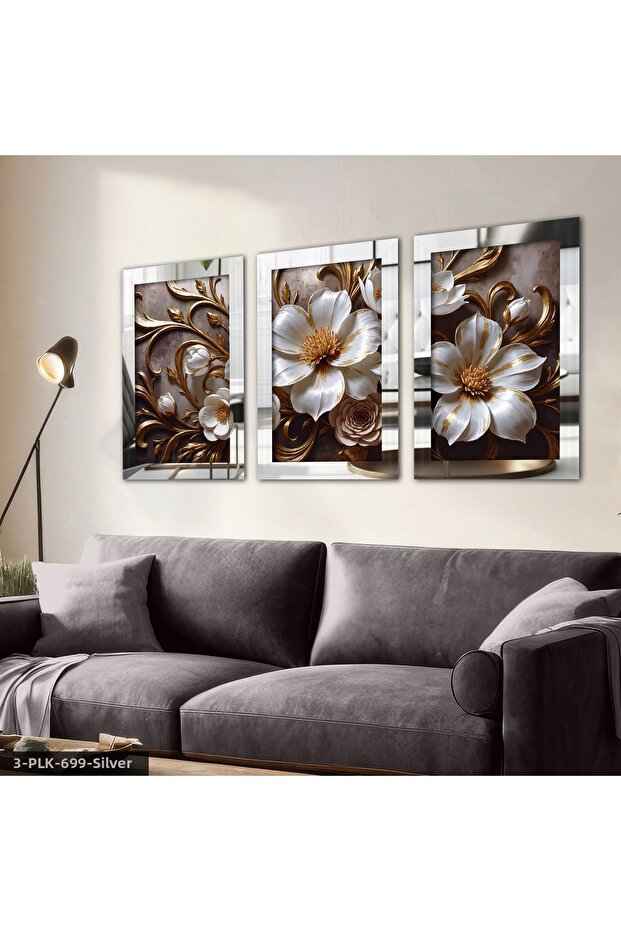 White Flower with Gold Detail 3 Piece Silver Plexiglass Mirrored Table