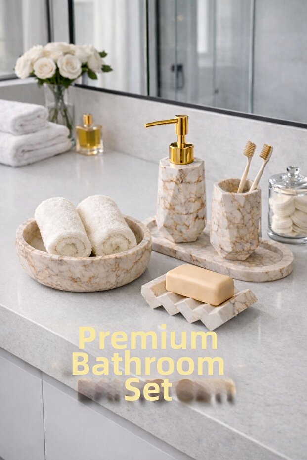 Marble Patterned Concrete 5-Piece Bathroom Wc Set Premium Liquid Solid Soap Dispenser Towel Holder