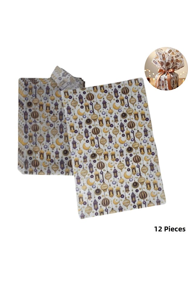 Ramadan Themed Wrapping Paper, Iftar Gift Wrapping Paper, White Background, 18 G/M - 30X45 Cm, 12 Pieces