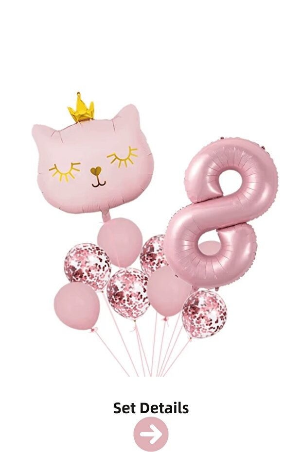 8 Year Old Retro Pink Cat Confetti Themed Balloon Set Decoration