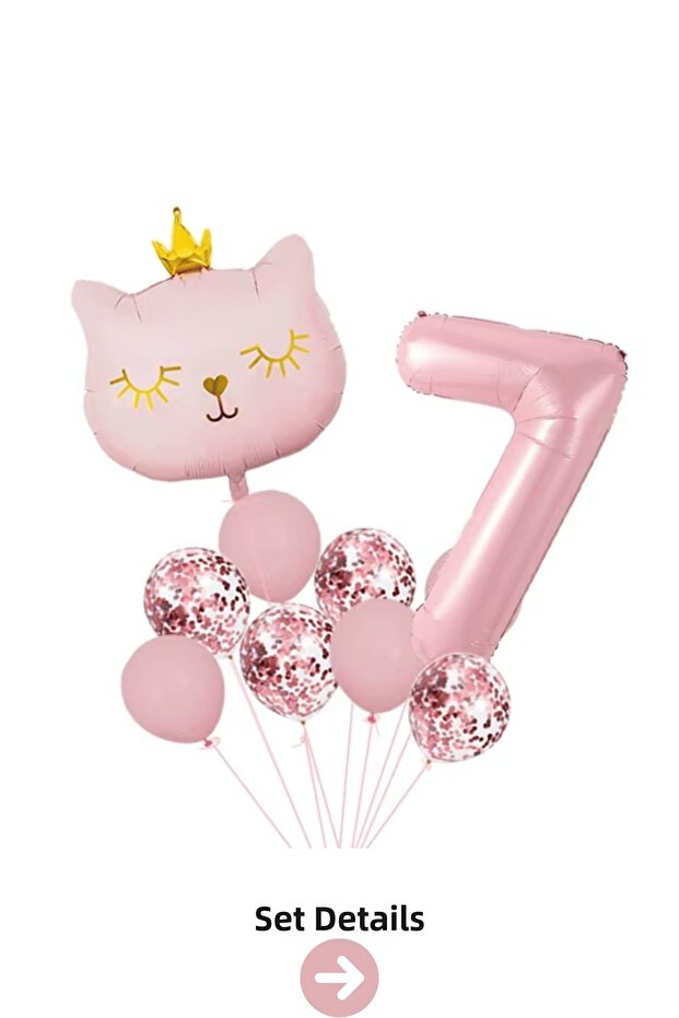 7 Year Old Retro Pink Cat Confetti Themed Balloon Set Decoration