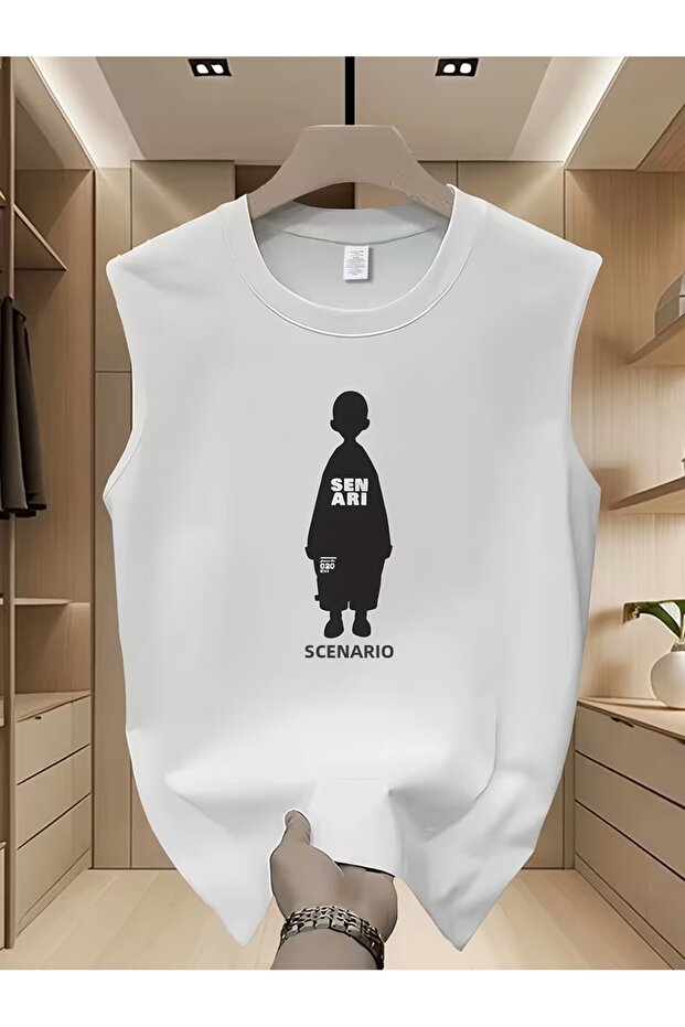 Men's White Original Printed Oversize Cut Cotton Crew Neck Undershirt