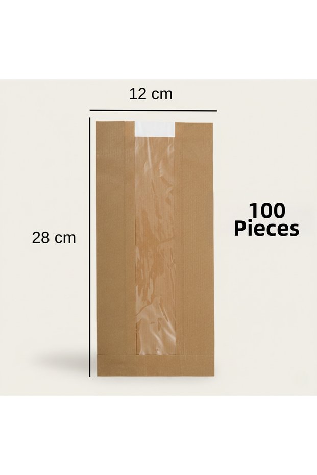 Kraft Şamua Paper Bag with Window 12X28 cm 100 Pieces - Food Grade Gift Packaging Paper Bag