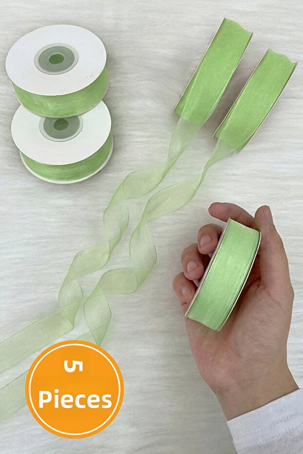 5 Pieces of Organza Tulle Ribbon Pistachio Green 2 cm 22 Mt, Bundle, Dowry, Gift, Packaging, Decoration, Wedding