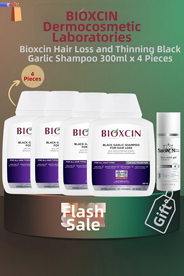 Anti-Spill and Slimming Black Garlic Shampoo 300ml X 4 Pcs + 1 Pcs 100ml Gel Gift