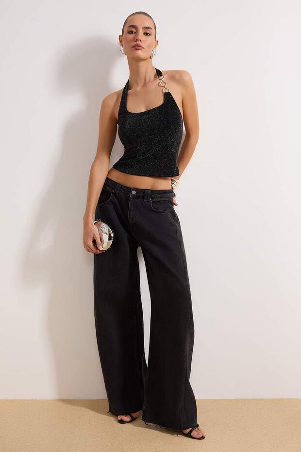Siyah Parıltılı Kare Yaka Aksesuarlı Örme Party Bluz TPRSS26BZ00038 - 2