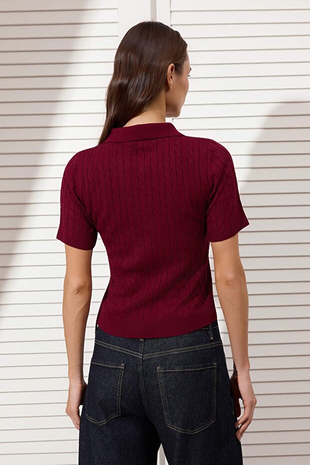 Bordo At Nakışlı Polo Yaka Saç Örgü Triko Bluz TWOSS26BZ00163 - 4