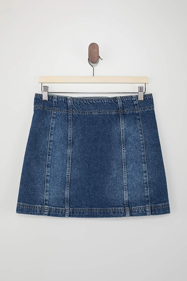 Limited Edition Mavi Düğme Detaylı Az Esnek Mini Denim Etek TWOSS26ET00012 - 8