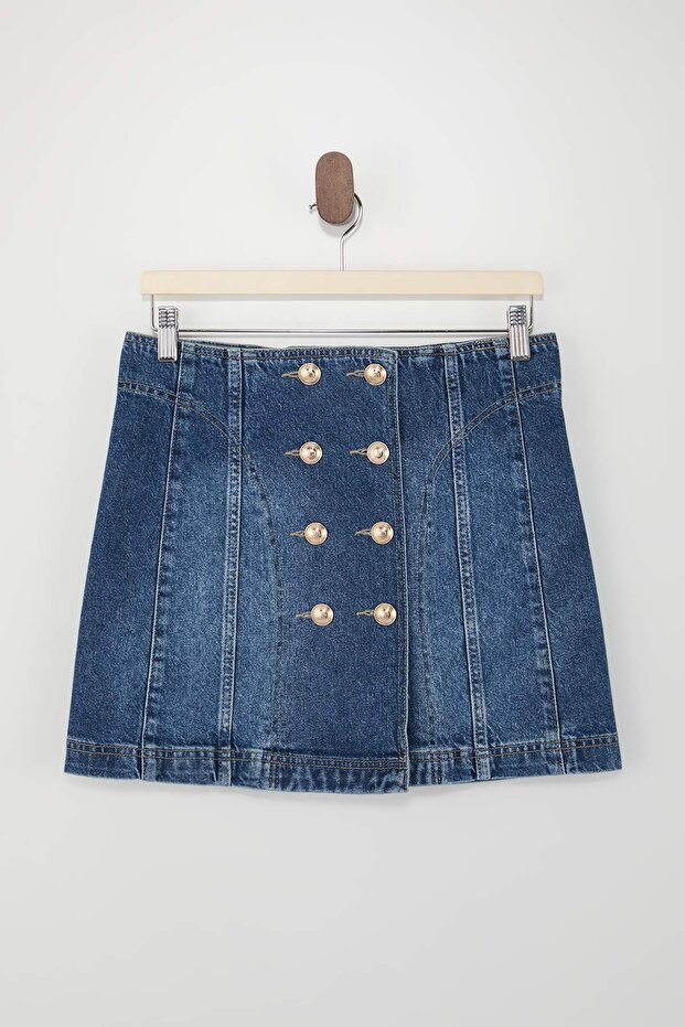 Limited Edition Mavi Düğme Detaylı Az Esnek Mini Denim Etek TWOSS26ET00012 - 6