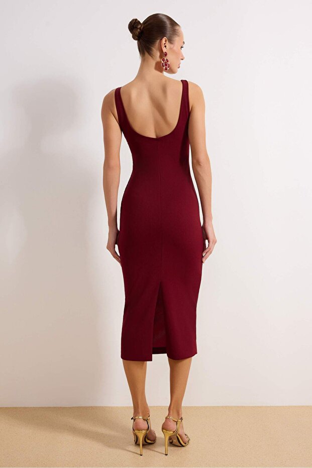Bordo Vücuda Oturan Midi Örme Elbise TPRAW26EL00161 - 4