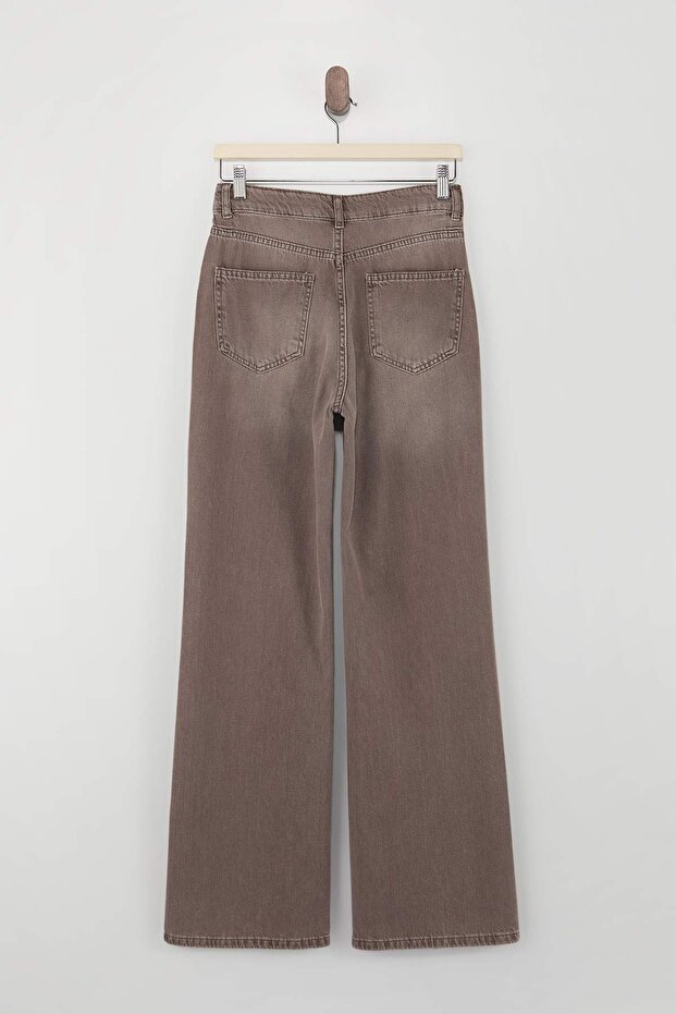 Açık Kahverengi DÖKÜMLÜ Vintage Yıkama Yüksek Bel %100 Pamuk Wide Leg Jeans TWOSS26JE00172 - 6