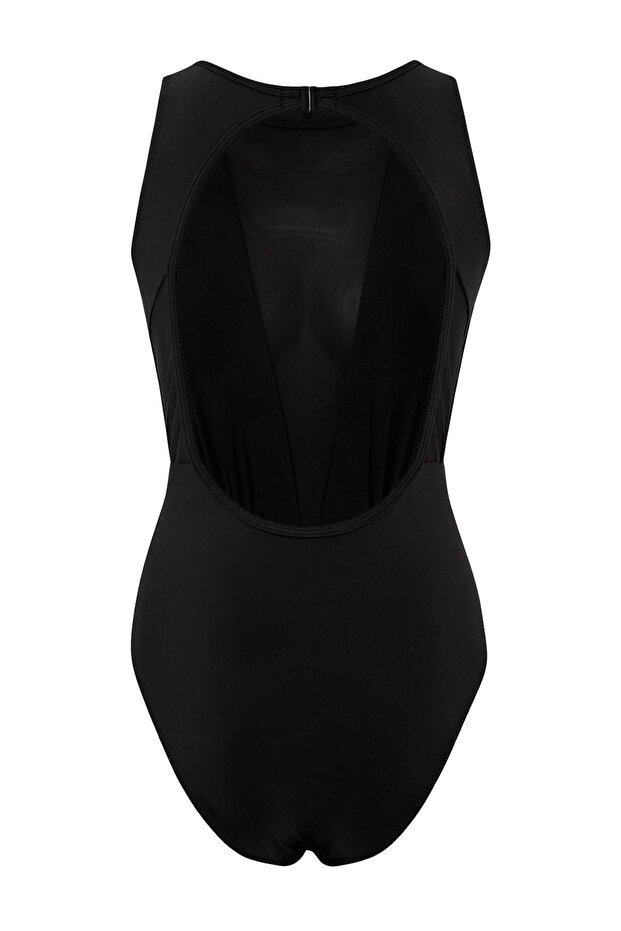 Siyah Halter Yaka Kaplı Mesh Detaylı Regular Mayo TBESS26MA00027 - 7