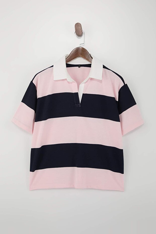Wardrobe Essentials-Lacivert Çizgili Regular/Normal Kalıp %100 Pamuk Örme T-shirt TWOSS26TS00027 - 5
