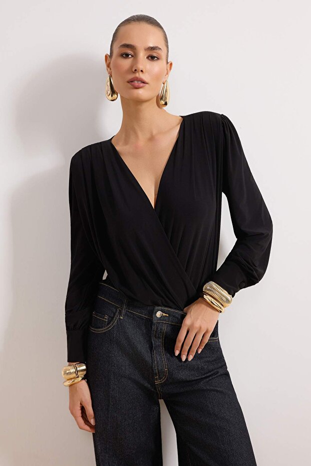 Siyah Anvelop Örme Çıtçıtlı Body TPRSS21BD0029 - 1