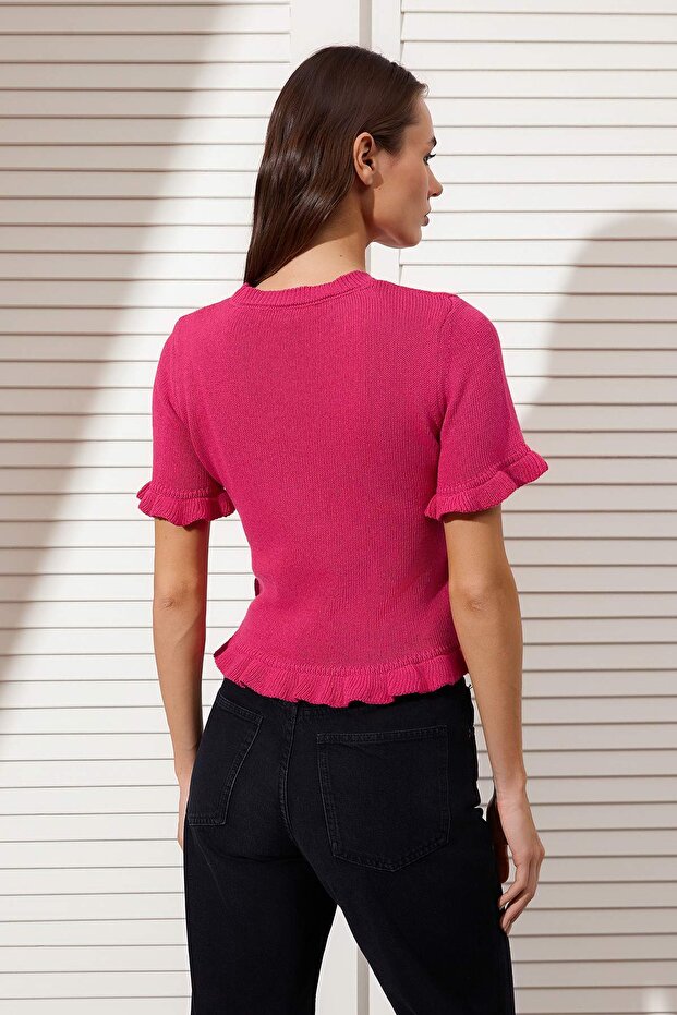 Limited Edition Fuşya Fırfır Detaylı Bisiklet Yaka Triko Bluz TWOSS26BZ00135 - 8