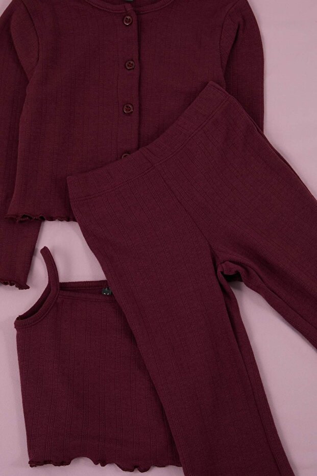 Bordo 3'lü Kız Çocuk Örme Poitel Kumaş Alt-Üst Takımı TKDSS26AU00024 - 3