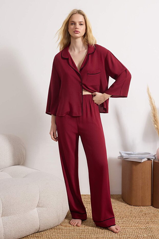 Bordo Biyeli Viskon Dokuma Pijama Takımı THMAW21PT0292 - 2