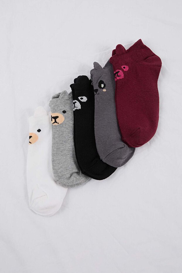 Gri-Çok Renkli 5'li Paket Pamuklu Baskılı Örme Patik Çorap THMAW22CO0231 - 4