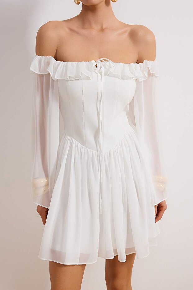 Bridal Beyaz A-Kesim Volanlı Şifon Boho Düğün/Nikah Abiye Uçuş Uçuş Mezuniyet Elbise TPRSS23EL00096 - 4
