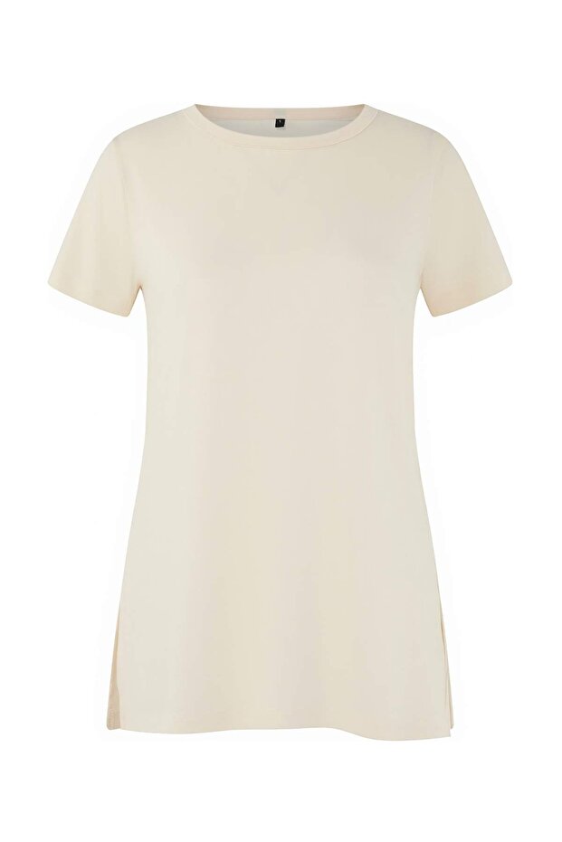 Ekru Micro Kumaş Yırtmaç Detaylı Örme Spor T-Shirt THMSS26TS00002 - 4