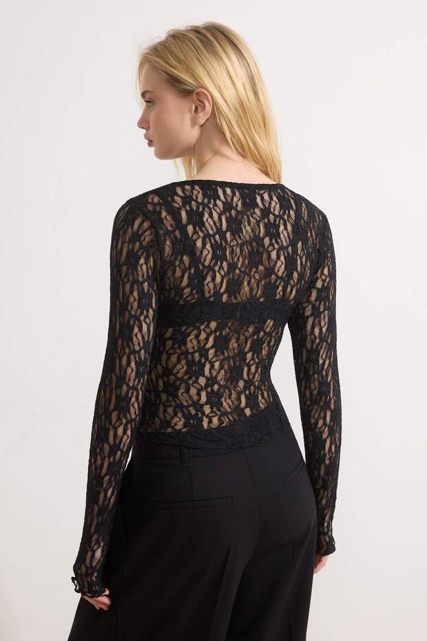 Siyah Fitted/Vücuda Oturan Kruvaze Uzun Kollu Dantel Örme Bluz TWOSS26BZ00018 - 4