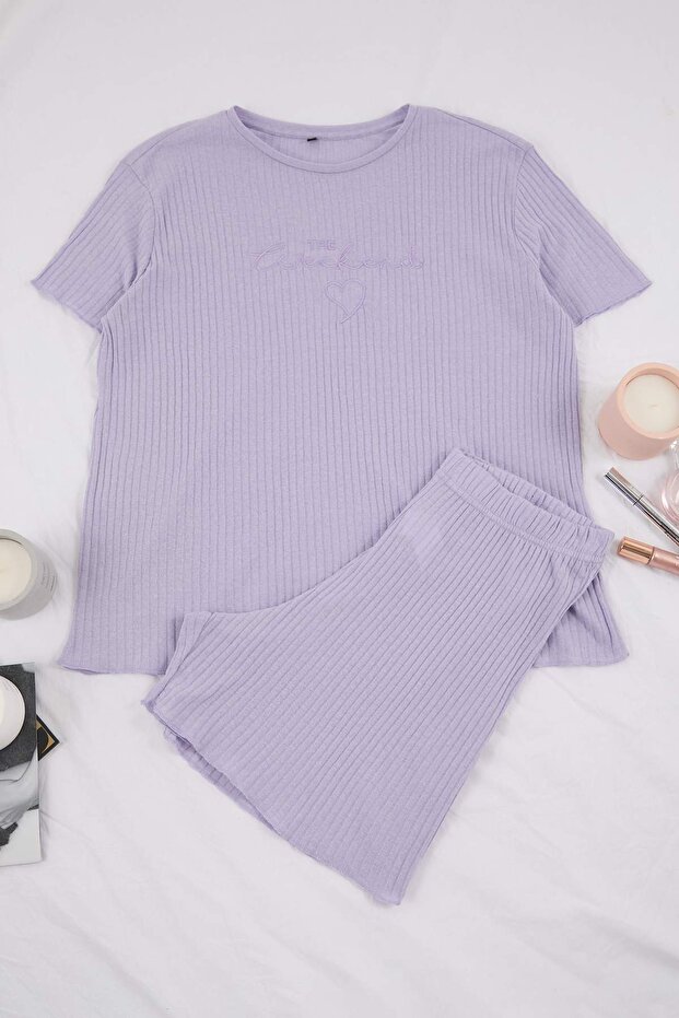 Lila Bisiklet Yaka Kaşkorse Örme Pijama Takımı TBBSS25AI00118 - 2
