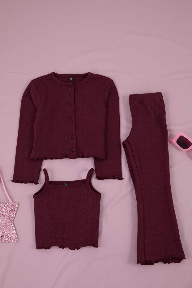 Bordo 3'lü Kız Çocuk Örme Poitel Kumaş Alt-Üst Takımı TKDSS26AU00024 - 2