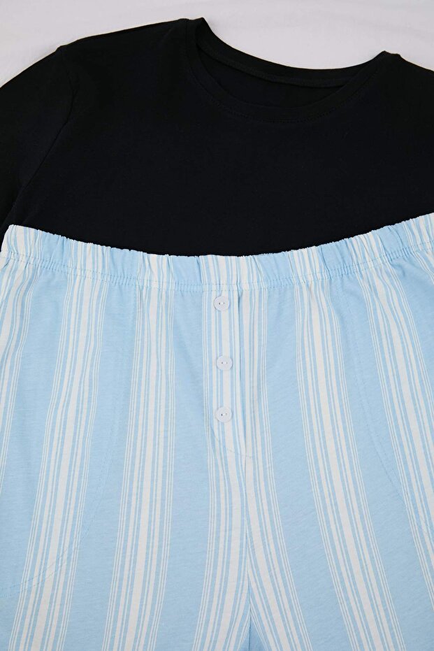 Siyah-Mavi Çizgili Örme Büyük Beden Pijama Takımı TBBSS26AI00002 - 6