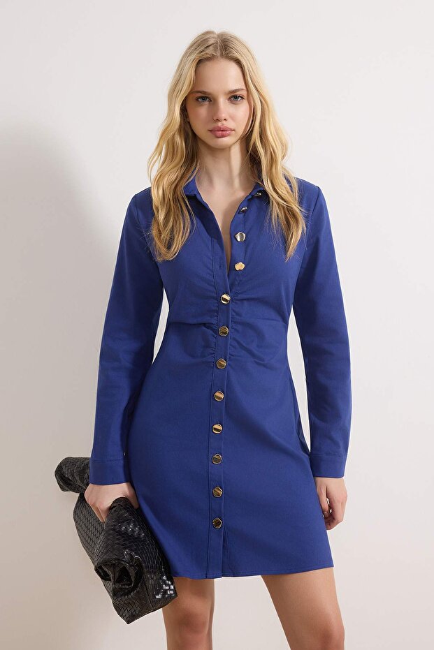 Lacivert Gold Düğme Detaylı Gabardin Kısa / Mini Dokuma Elbise TWOSS26EL00144 - 1