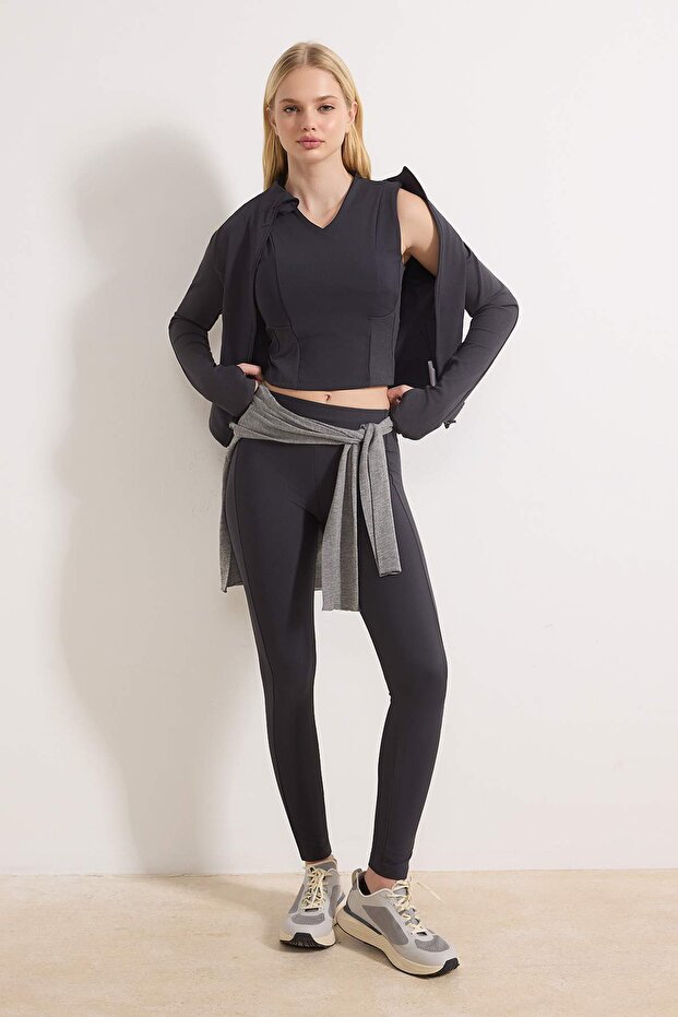 Antrasit 2 Katlı İçi Pedli Örme Spor Üst/Bluz THMSS26BZ00005 - 3