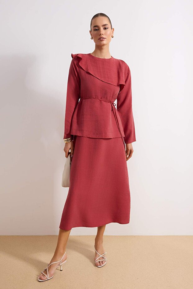 Bordo More Sustainable Tencel Kumaş Tek Parça Dokuma Tesettür Elbise TCTSS26EB00031 - 1